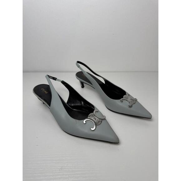CELINE Triomphe Slingback Heels Sage Green Pointed Display Defect Size 38 - Picture 1 of 8